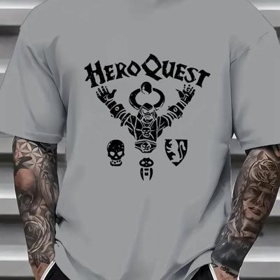TEMU Men's Casual Graphic T-shirt - With Skull & Warrior Art, Navy Blue Short Sleeve Round Neck Tee, Breathable Summer Shirt, Machine Washable, Breathable Tshirt | Fantasy Apparel | Clothing Image