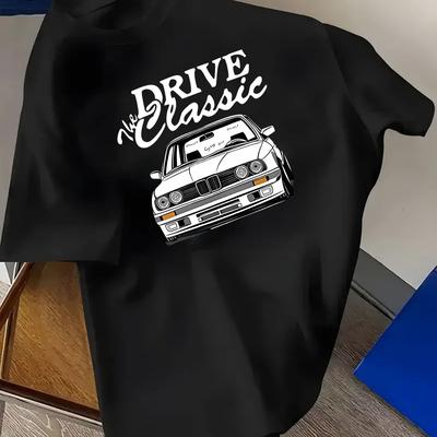 "TEMU Men's "drive The Classic" Graphic T-shirt - White, Casual Crew Neck, , High-quality, Classic , Tee | Classic | , Plus Size" Image