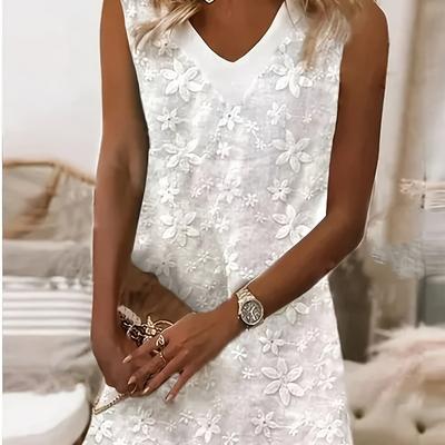 TEMU Women's Elegant Floral Embroidery Sleeveless Dress With Lined - Spring/summer, V-neck, Lightweight Fabric, Casual Attire|floral Pattern Dress|vneckline Dress Image