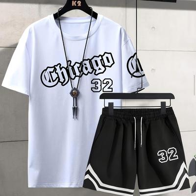 "TEMU Men's Chicago Print Basketball T-shirt & Shorts Set - Casual Summer Outfit With "32" Design, White Short Sleeve, Black & White Striped Shorts, Sports & Streetwear" Image