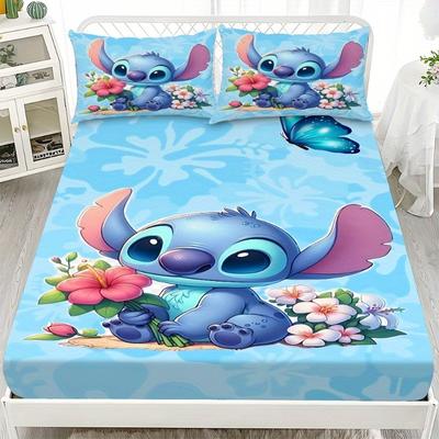 TEMU Stitch & 3pcs Anime-themed Bedding Set - Soft Polyester, Comforter, Fitted Sheet & Pillowcases, Machine Washable, Ideal For Bedroom & Decor, Bedroom Decor | Design | Polyester Fabric Image