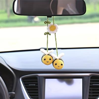 TEMU Handmade Crochet Honey Bee Car Mirror Hanging Decoration, Cute Big Bee With Floral Embellishment, For Honey Lover, Multi-functional Decoration For Home And Kitchen, Fabric Image