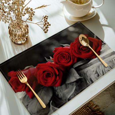 TEMU 4pcs, Red Rose Print Placemats Set Of 4, Washable Heat Resistant Mats Dining Table Mats For Indoor Outdoor Home Party Dining Decoration Image
