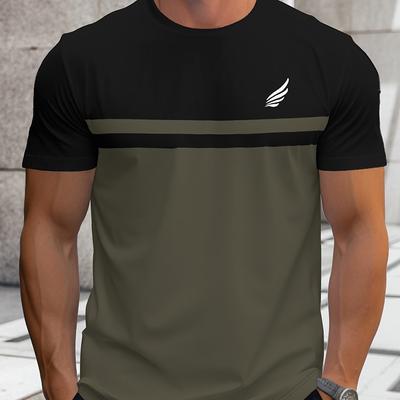 TEMU Men's Ice Silky Fiber Fabric T-shirt - Casual Summer Short Sleeve Crewneck With Stylish Graphic Print, Black & Teal Color , Lightweight & Breathable For Casual Attire Image