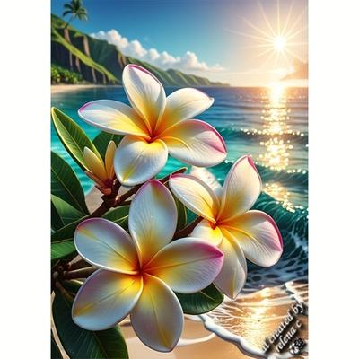 TEMU 1pc Diy Elegant Style Frangipani Pattern Painting Kit, Full Diamond Round Diamond Mosaic Art Set, Suitable For Bedroom Office Wall Decoration And Holiday Gifts For Image