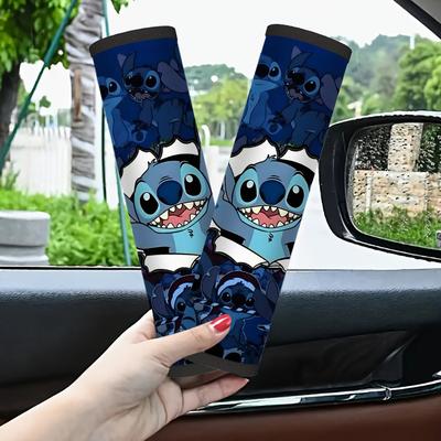 TEMU 2pcs Stitch Car Seat Belt Covers - Group-style With Characters, Soft Fabric Fit Shoulder Strap Protectors For Seat Belts & Backpacks, Cute Car Interior Accessories, Seatbelt Strap Cover Image