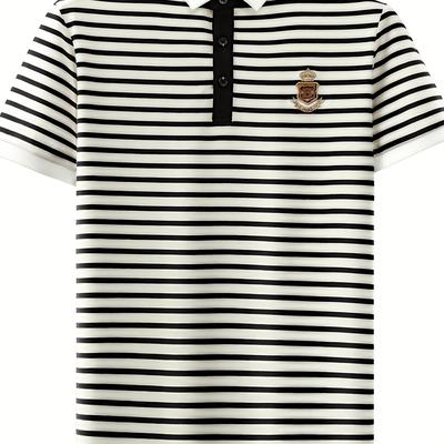 TEMU Men's Slim Fit Golf Shirt - Black & White Striped Breathable Short Sleeve With Logo, Button-up Collar For Outdoor Sports & Casual Wear, Machine Washable Image