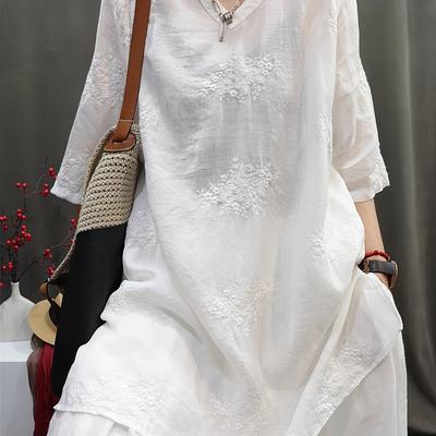 TEMU 2025 Spring/summer , Intricately Embroidered Loose-fitting Long Shirt With A Small V-neck And Three-quarter Sleeves, Versatile And Stylish. Image
