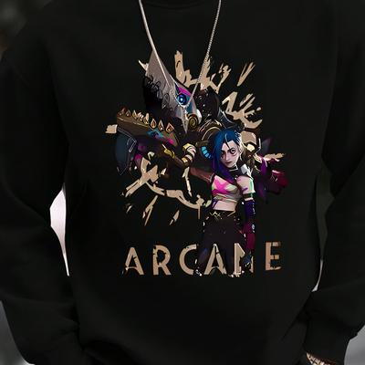 TEMU Men's Trendy Anime Print Pullover Sweatshirt - Black Graphic Design, Casual Round Neck Long Sleeve For Fall And Winter Image