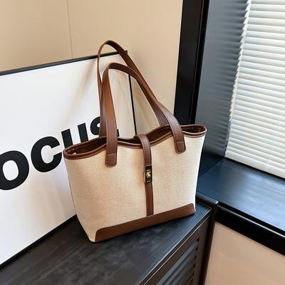 TEMU Women's Contrast Binding Tote Bag - Casual Double Handle Shoulder Bag With Snap Closure, For Work,, Travel, College Students & Teen S, , , Sturdy Handles, Spacious Carryall, Fashion Accessory Image