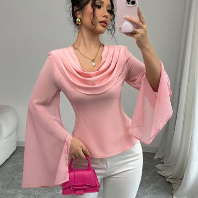TEMU Elegant Chiffon Blouse Sleeves And Waist-cinching Design, Polyester, Solid Color - Ideal For Spring/summer, Women's Fashion Image