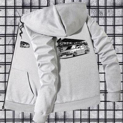 TEMU Men' Retro Car Print Hoodie Jacket - Casual, Skinny Fit With Zipper Closure, Pockets, Fall/winter Outerwear, Winter Jacket | Car Print Jacket | Zippered Jacket Image
