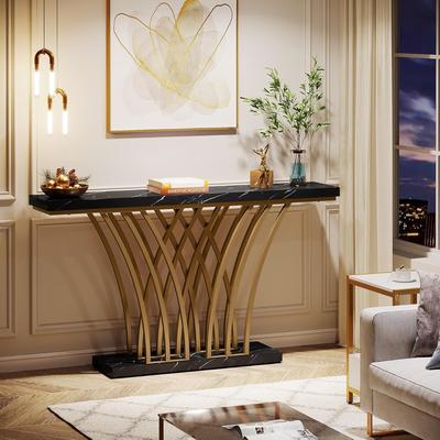 TEMU Golden Console Table, Modern Entrance Table With Lattice Metal Base For Entrance, Hallway, Entrance, Living Room (black And Golden) Image