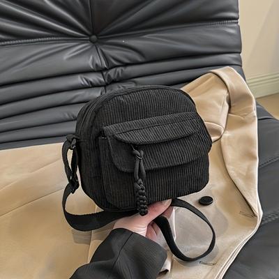 TEMU Women's Vintage Harajuku Fleece Crossbody Bag, Casual Single Shoulder Handbag With Zipper Closure, Solid Color, Polyester Lining, Hand Washable - Black, White, Green, Brown Image