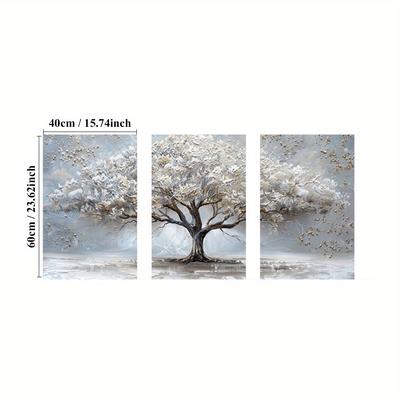 TEMU 3pcs Framed Winter Snow Tree Canvas Art Set - White Tree Of Life, Abstract Landscape Prints For Living Room & Bedroom Decor Image