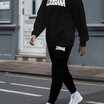 TEMU 1set Print Polyester Casual Hoodie And Sweatpants Set For Men - Long Sleeve Hooded Sweatshirt With Drawstring, Patterned Regular Top, Knit Fabric, Stretch, Fall/winter Collection Image
