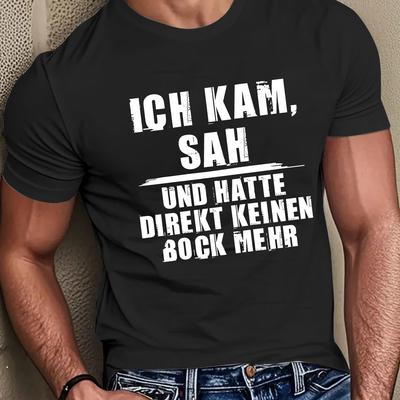 TEMU Men' Black German Letter Print T-shirt - Soft, Breathable 100% Polyester, Regular Fit, Round Neck, Summer Casual Tee With White Text Design Image