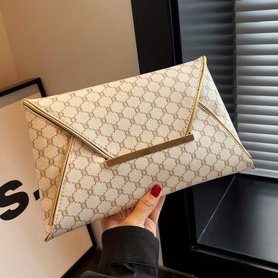 TEMU New Large Capacity Floral Print Clutch With Golden-tone Clasp - Stylish White , Everyday Use, Everyday Clutch | Floral Print Wallet | Polyester Lined Image