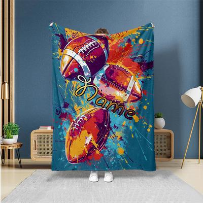 TEMU Custom Name Blanket With Rugby Sports Print - Personalized Ideal Gift For Birthdays, Christmas, , Office , Camping, Travel - Contemporary Style With Theme - All Image