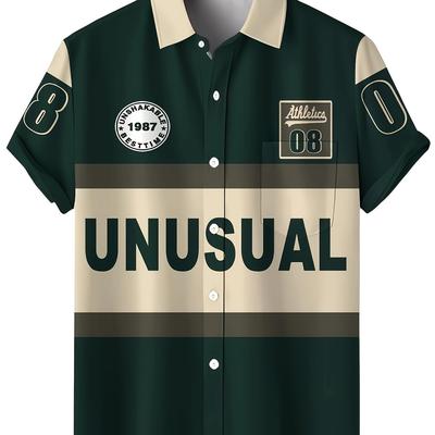 "TEMU Men's Casual "unusual" Graphic T-shirt - Short Sleeve, Button-up, Beige & , Summer, Beach, And Casual , Beach Attire | | Polyester Fabric" Image