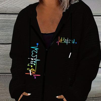 TEMU Women's Casual Polyester Geometric Pattern Hooded Zipper Knit Jacket With Drawstring Image