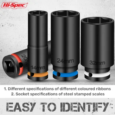 Hi-Spec 1/2 Inch Long Pneumatic Impact Socket Set 38mm Impact Grade, Universal Joint, Cr-V Steel Workshop Tools For Auto Repair