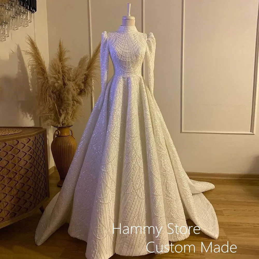Exquisite Beading Wedding Dress Muslim Bridal Gown High Neck Pearls Sequined A Line Islamic Bride Dresses Robe De Mariage