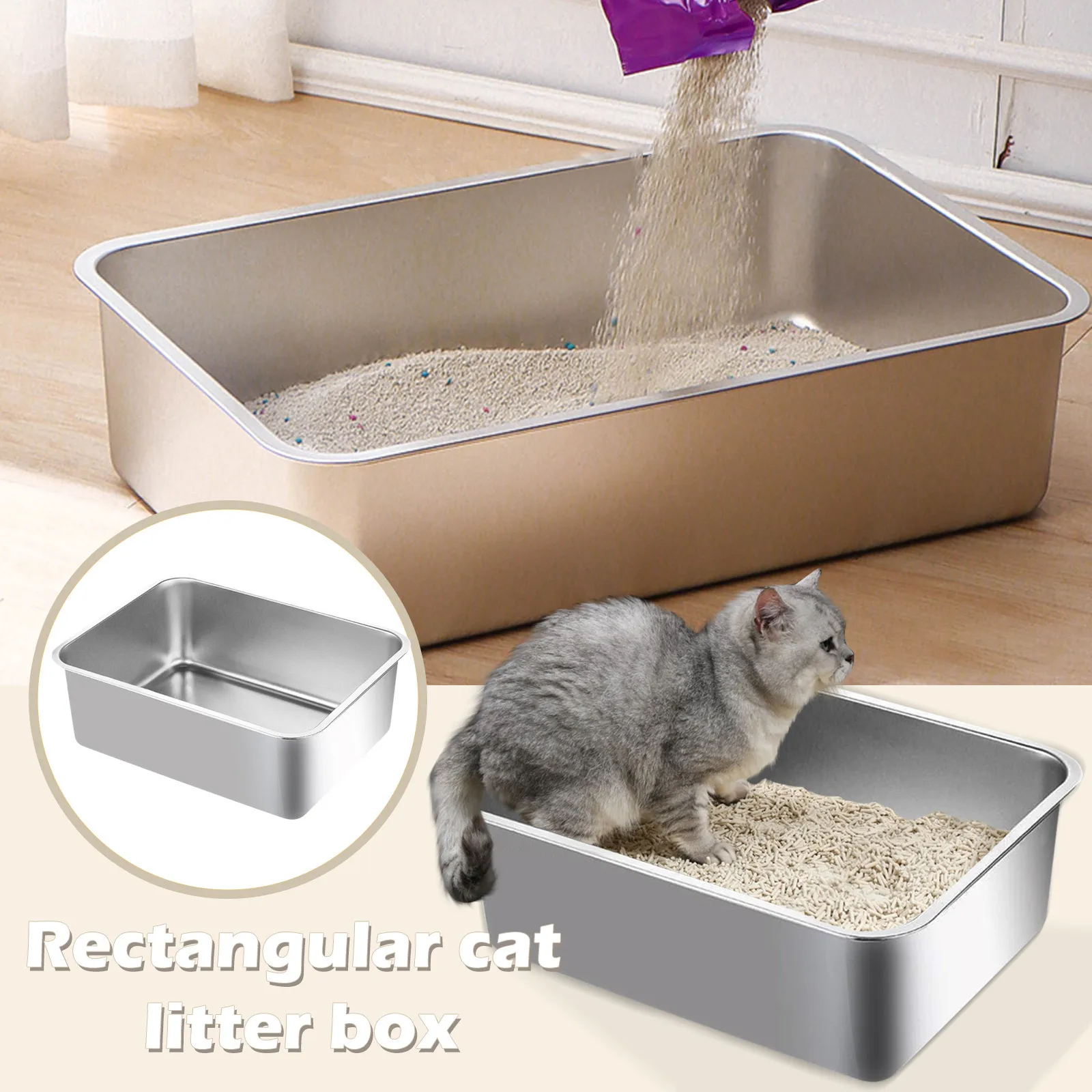 Stainless Steel Cat Litter Box For Big Cats, Household Flat Bottom Cat Litter Pan Large Metal Cat Litter Box-Easy To Clean