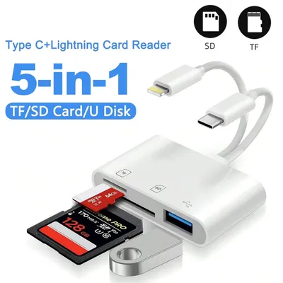 5-in-1 Card Reader Lightning /Type C to USB 3.0/SD/TF Card Adapter, Memory Card Reader for iPhone iPad MacBook Samsung Android