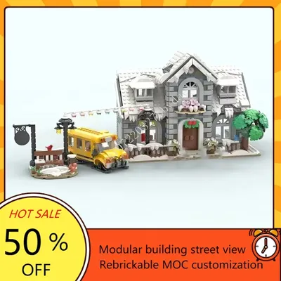 1311PCS Winter Dorf Schule mit Bus Modulare MOC Kreative street view Modell Bausteine Architektur Image
