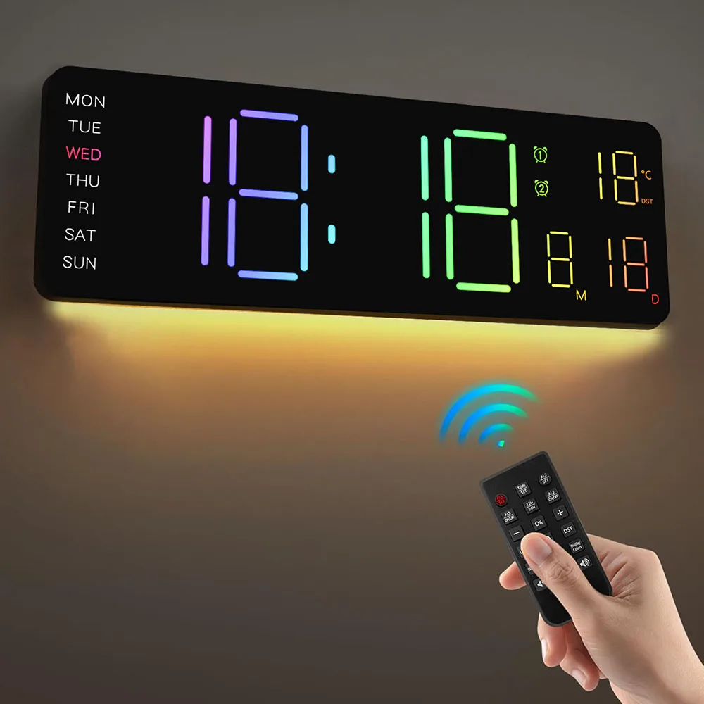 Digitale LED-Wanduhr mit Fernbedienung, Kalender, buntes Nachtlicht, Temperatur für Wohnzimmer, Schlafzimmer, Büro, Smart Home Image