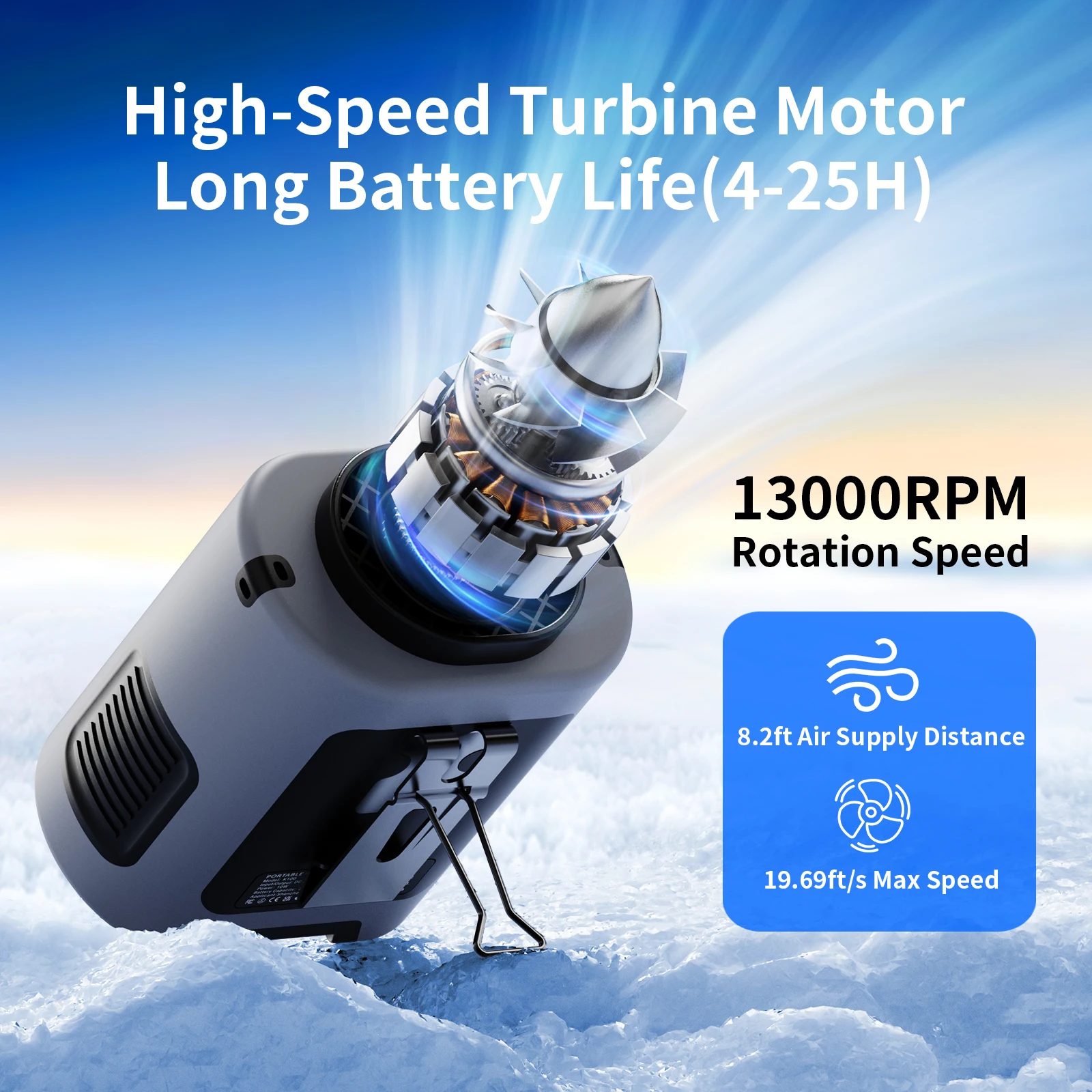 Tragbarer Mini-Taillenventilator, 5000 mAh, hängender Halsventilator, 4 Geschwindigkeiten, 13000 U/min, starker Wind, mit Powerbank, LED-Beleuchtung für Arbeiten im Freien Image