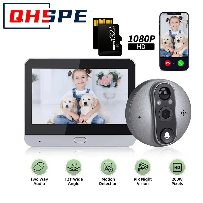 QHSPE 4,3 Zoll Tuya 1080P WiFi Smart Türklingel Außenmonitor mit Zwei-Wege-Audio Nachtsicht Guckloch Augenkamera Image