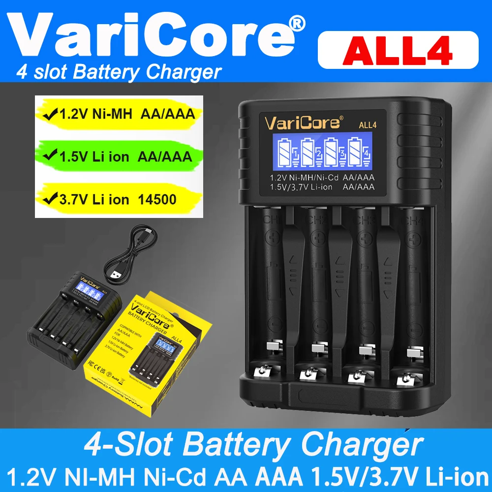 Neues VariCore ALL4 ALL8 LCD Smart-Akkuladegerät mit 4 Steckplätzen für AA AAA 1,2V Ni-MH Ni-Cd & 1,5V Li-Ion 3,7V 14500 Ladezellen Image