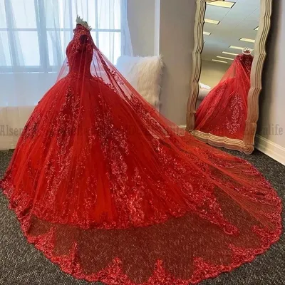 Maßgeschneiderte rote Quinceanera-Kleider mit Umhang, glänzenden Pailletten, Applikationen, formelle Geburtstagsfeier, Abendkleid, Vestidos de 15 Jahre Image