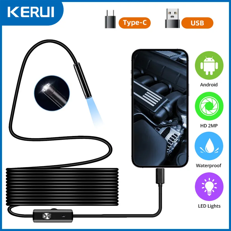 KERUI Endoskopkamera mit Licht 1800P HD Endoskopwerkzeuge Weiche halbstarre Schlangenkamera Android Typ-C USB Inspektionsendoskop Image