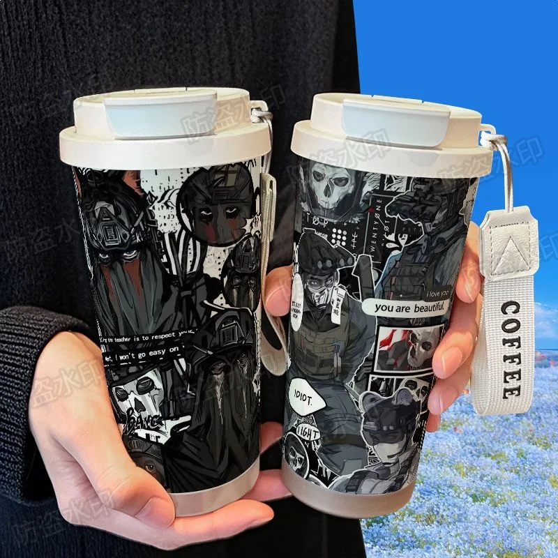 Ghostkonig Call of Duty Isolierbecher aus Edelstahl 316, großes Fassungsvermögen, Strohhalm, Auto-Kaffeetasse mit zwei Getränken Image