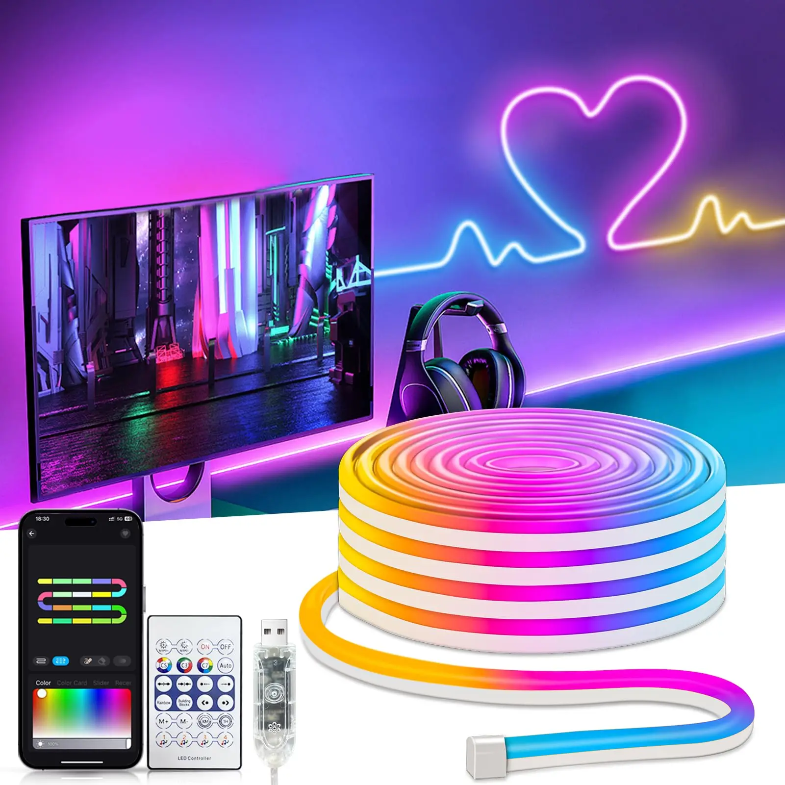 RGBIC Smart WIFI Neon-LED-Streifenlichter mit Chase-Effekten, Alexa/Google-Sprachsteuerung, USB-Neon-Lichtschlauch für Home Party Decor