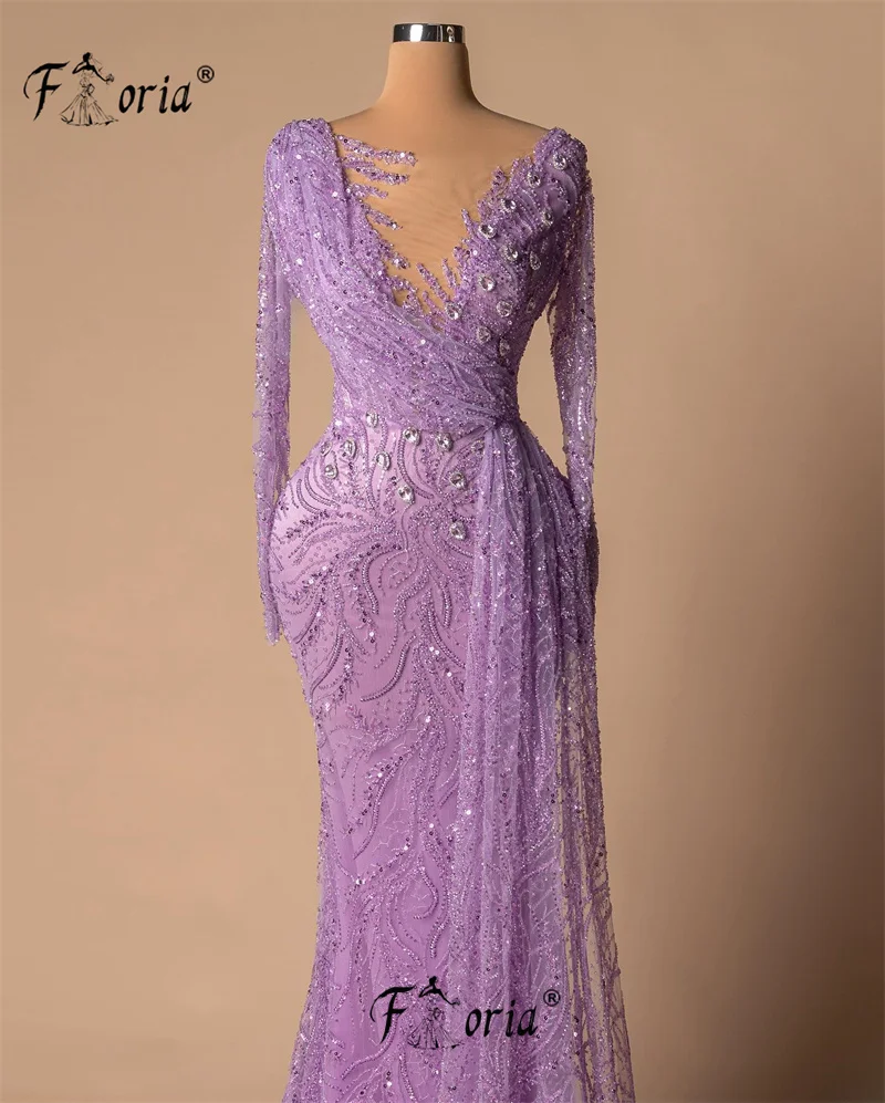 Elegante Perlen Meerjungfrau Formale Abendkleider Lila Lila Kristall Spitze Angepasst Prom Kleid Lange Party Kleid Robe de Soiree 2025