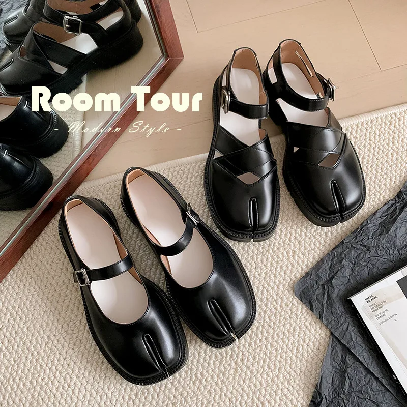 Mkkhou Mode Pumps neue hochwertige Echt leder Split Toe Schuhe Gürtels chnalle dicke Sohle Lederschuhe moderne Mary Jane Schuhe
