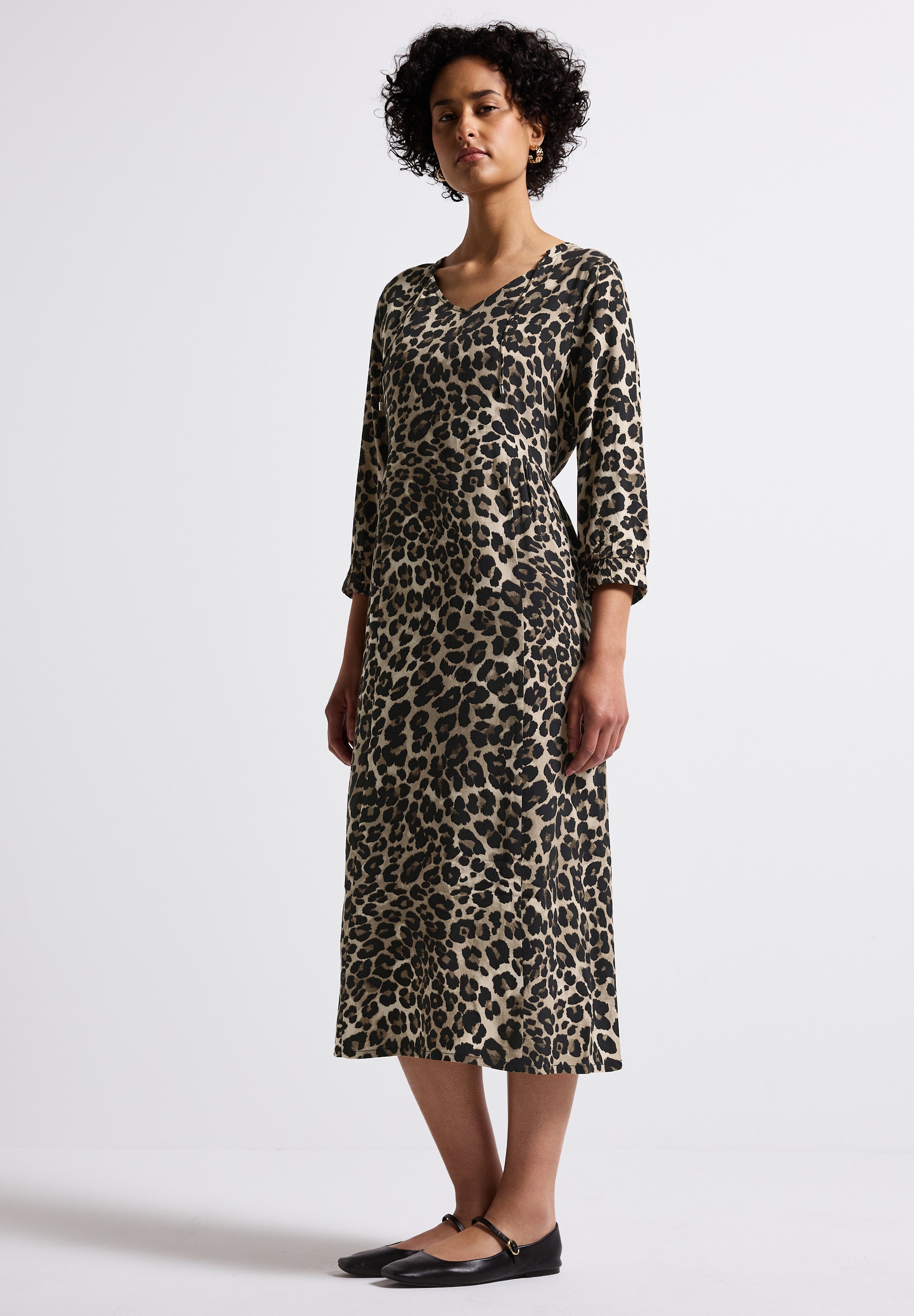 Midikleid STREET ONE, Damen, Gr. 38, EURO-Größen, schwarz, Stoff, 100% Viskose, gemustert, normal wadenlang, V-Ausschnitt, Bündchen, Kleider Midikleid, mit Print