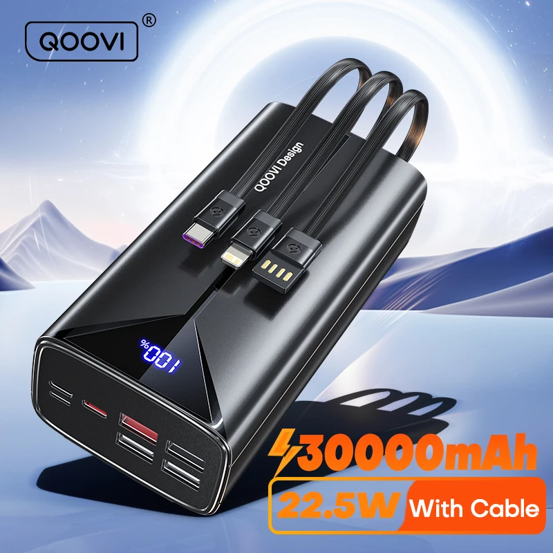 QOOVI 30000mah Power Bank 22,5W Ricarica rapida Cavo integrato Batteria esterna di grandi dimensioni Caricatore portatile per iPhone Samsung Xiaomi