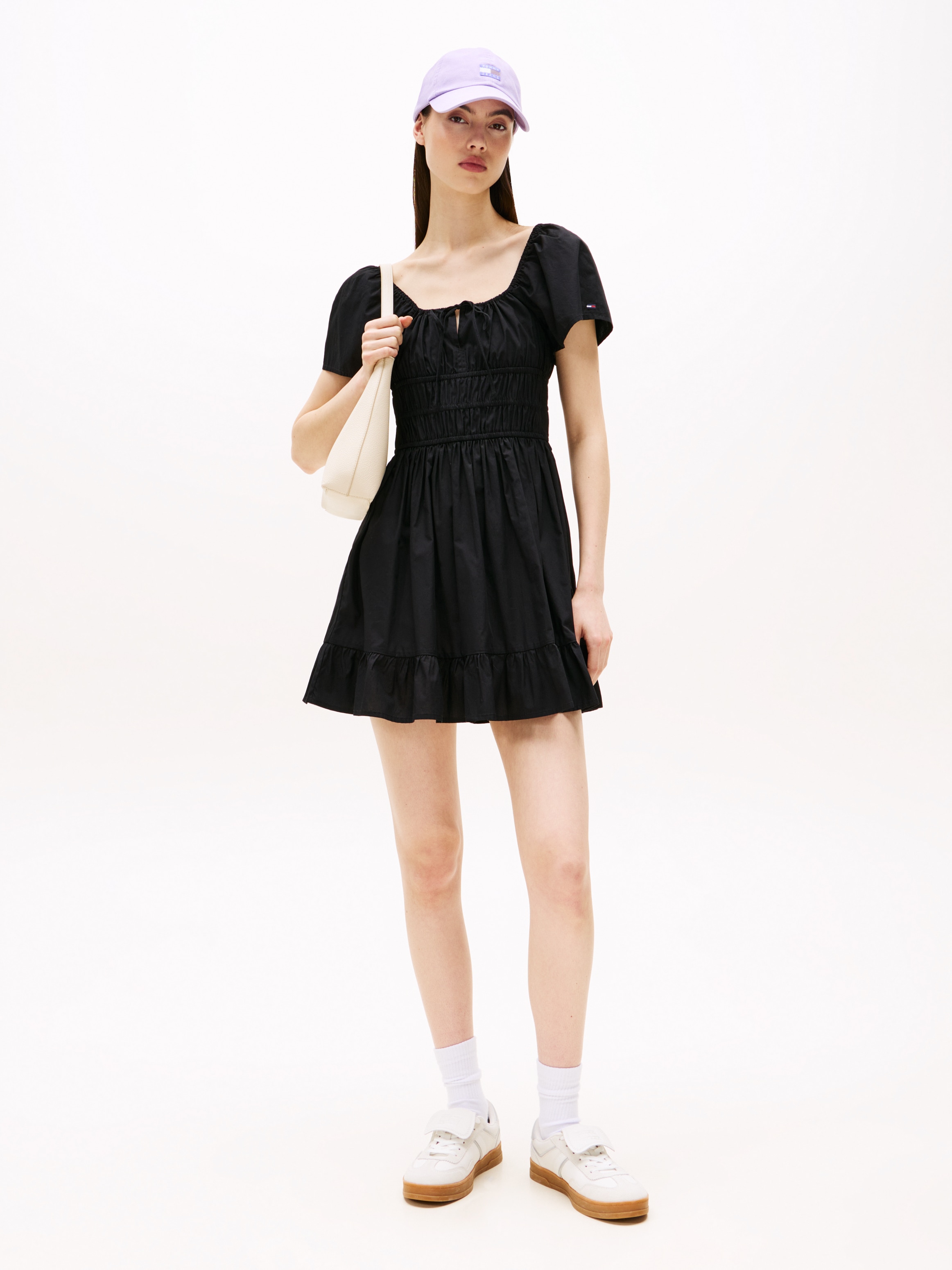 Minikleid TOMMY JEANS "TJW ROUCHE MINI POPLIN DRESS EXT", Damen, Gr. XL (42), N-Gr, schwarz, Web, Obermaterial: 100% Baumwolle, unifarben, Casual, figurbetont kurz, eckiger Ausschnitt, Kleider Image