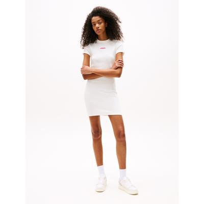 Jerseykleid TOMMY JEANS "TJW SCRIPT MINI RIB DRESS EXT", Damen, Gr. XL (42), N-Gr, beige (ecru), Jersey, Obermaterial: 96% Baumwolle, 4% Elasthan, unifarben, casual, figurbetont, Kurzarm, Kleider Image
