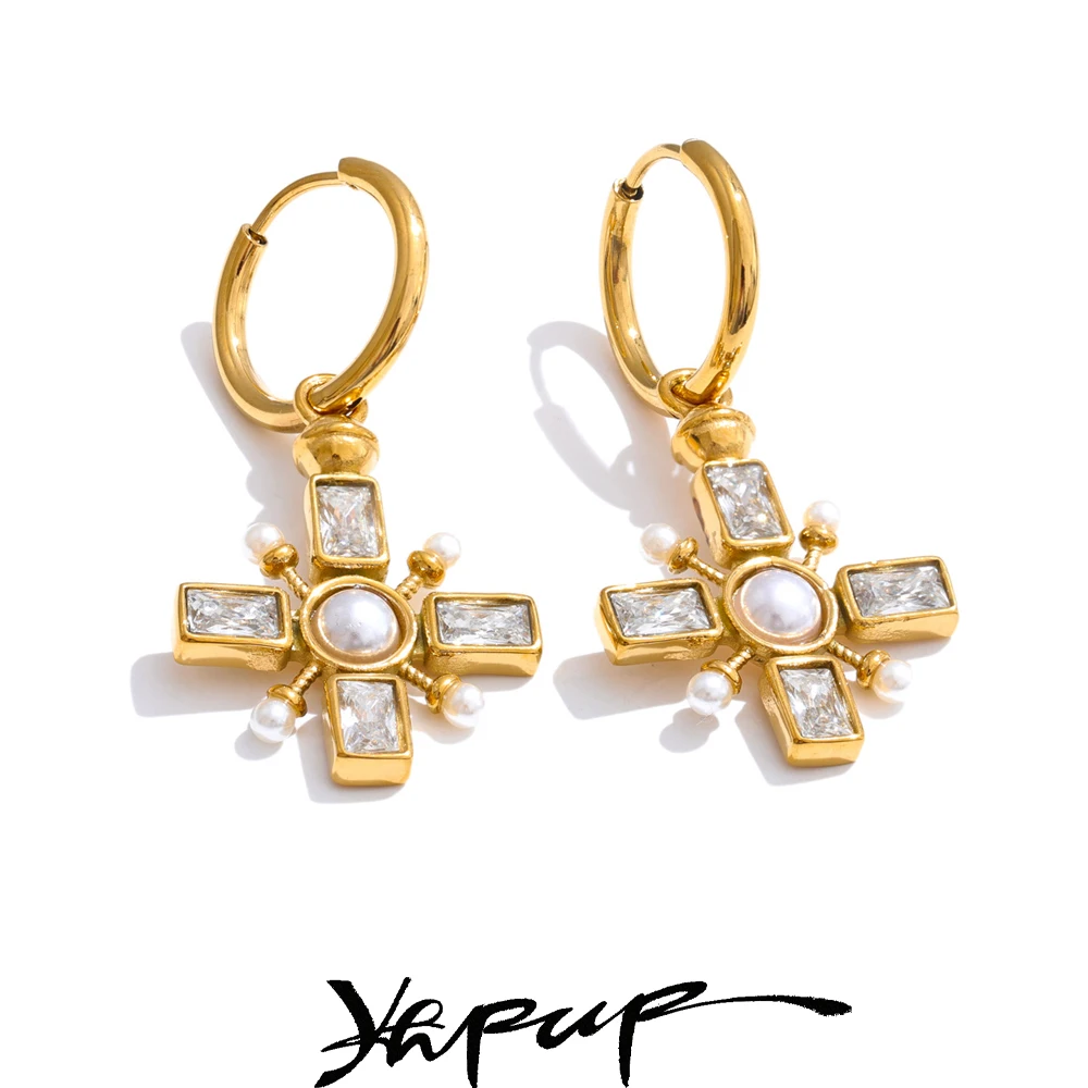 Yhpup Hohe Qualität Zirkonia Perlen Kreuz Tropfen Creolen Goldene Edelstahl Temperament Eingetroffen Täglichen Schmuck Geschenk Image