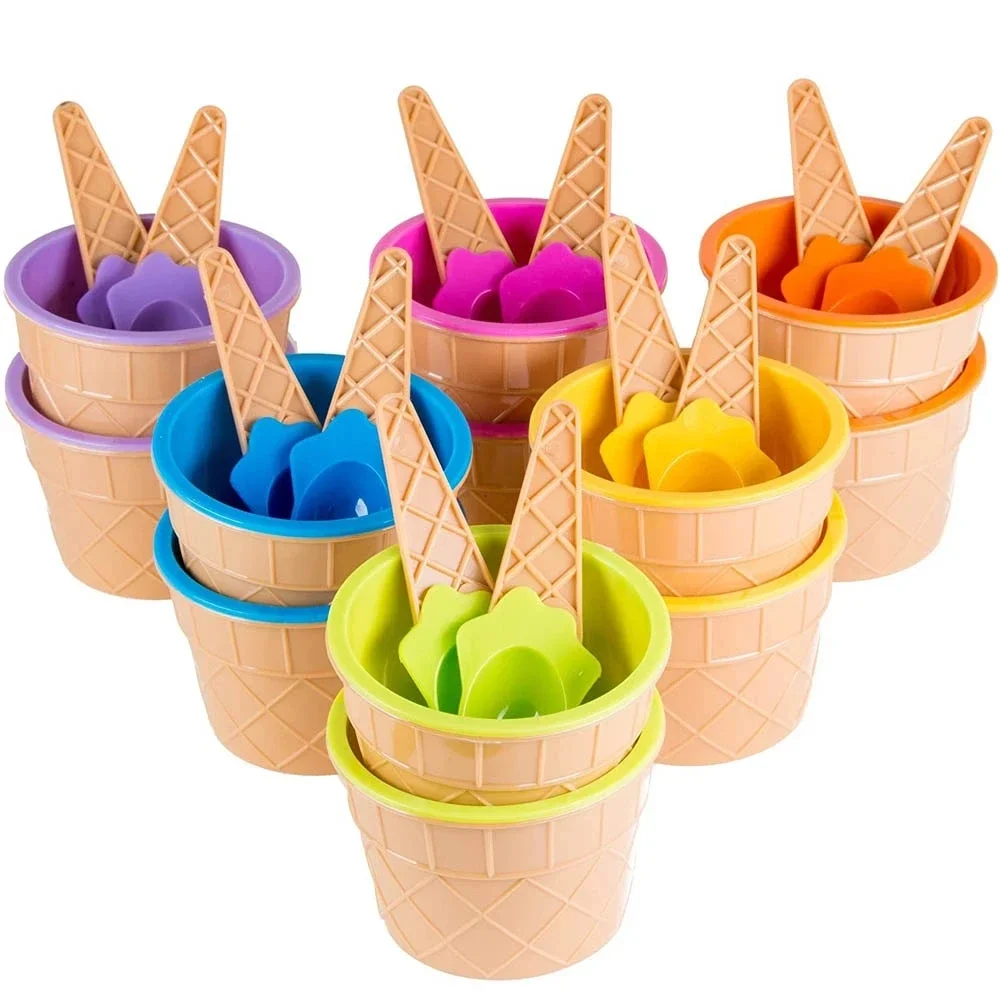 7-teiliges Eiscreme-Schalen-Set in lebendiger Farben mit Löffel, Dessert-Cuppe-Geschirr-Set für Geburtstag, Urlaub, Party, Eisbevorzugung, Geschenkdekoration Image