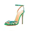 Sexy Kristall-verschönerte Leder Sandalen Grün Lila Wildleder Patchwork Kleid Schuhe Ankle Strap