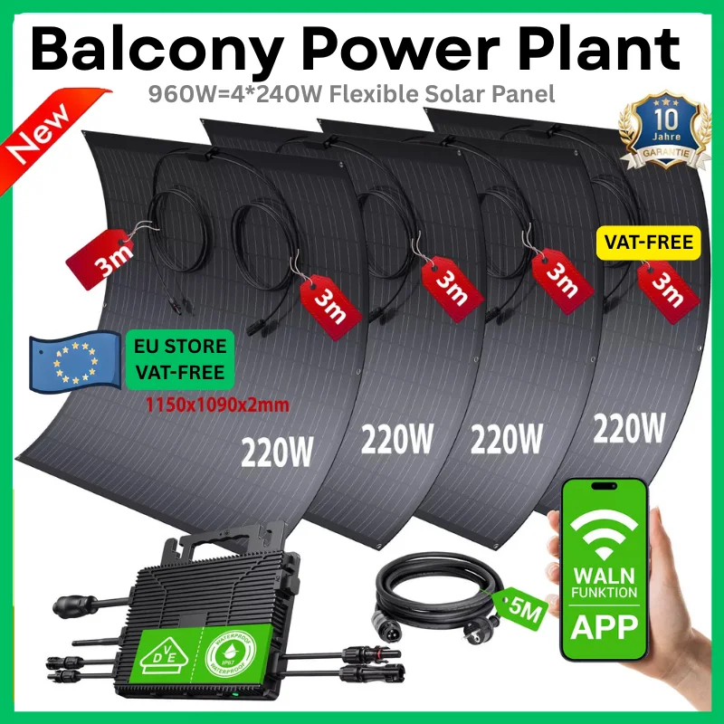 240 W flexibles Solarset (3 Packungen: 2 Stück 480 W / 4 Stück 960 W / 4 Stück + 800 W Wechselrichter 1760 W System) IP67 für Wohnmobil-Marine-Balkon, netzunabhängig Image