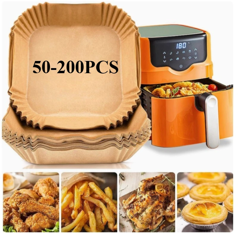 50–200 Stück Luftfritteusen-Pergamentpapier, lebensmittelecht, antihaftbeschichtet, Backbleche, Einweg-Öl, saugfähiger Liner für den Grill zum Kochen zu Hause Image