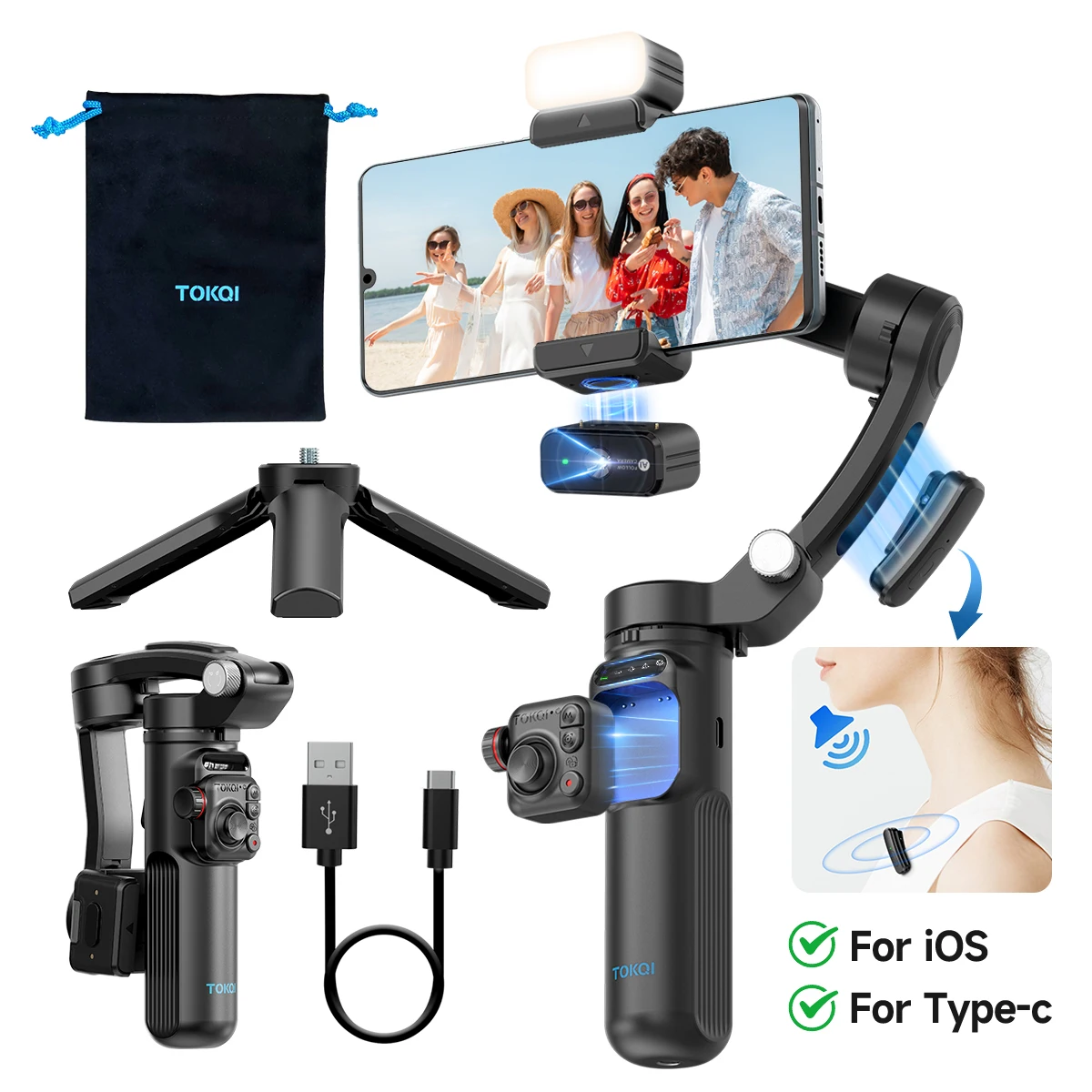 AI Face Tracking 3-Achsen-Gimbal-Stabilisator mit kabellosem Mikrofon, magnetischem Licht, abnehmbarer Fernbedienung, für iPhone Android Vlog Video Image